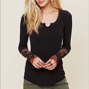 Free People Kombucha thermal Moto Cuff Henley Distressed Black